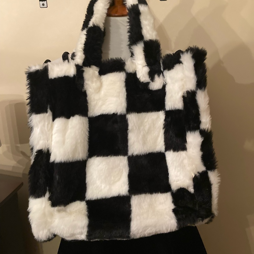 Faux fur buffalo check black white handbag tote